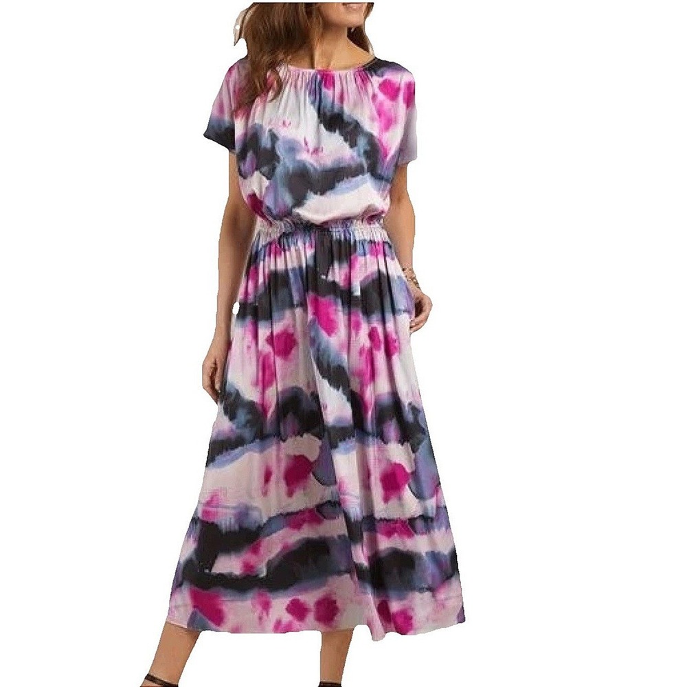 Soft Surroundings Watercolor Tie Dye Midi Dress Pink Purple XL Pockets Silky